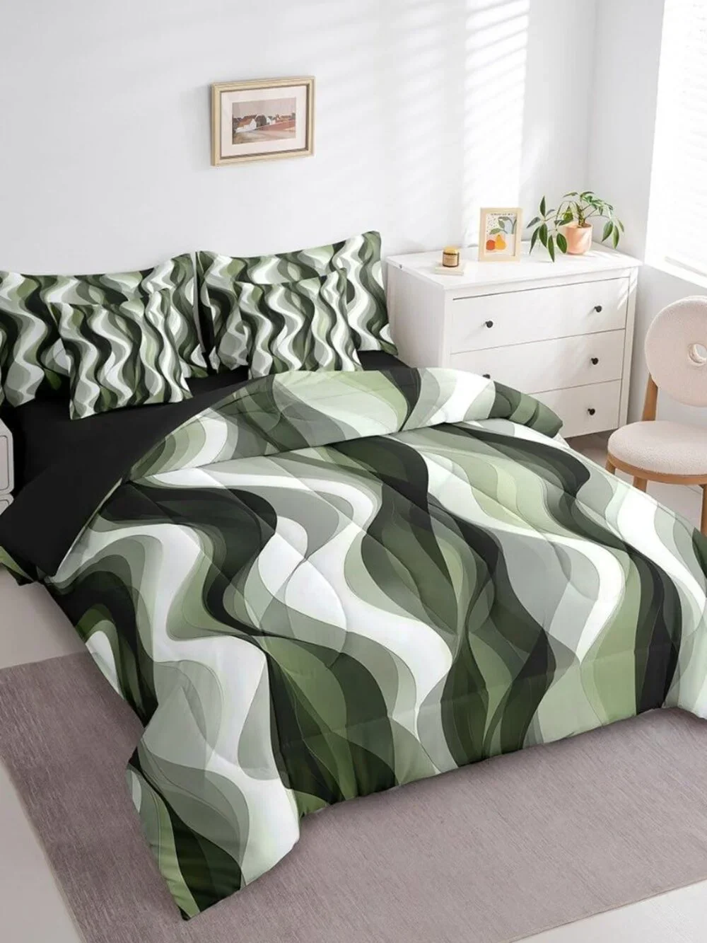 7Pcs Sage Green Queen Comforter Set,Boho Abstract Striped Bed in A Bag for Kids